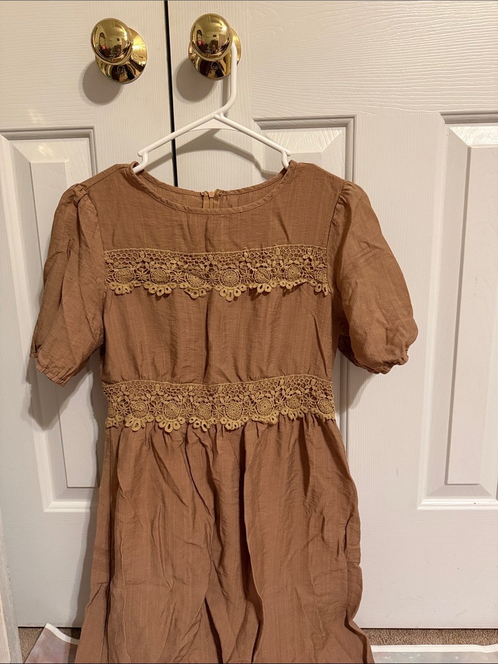 SHEIN Boho Lace Trim Puff Sleeve Dress - Brown size med 6